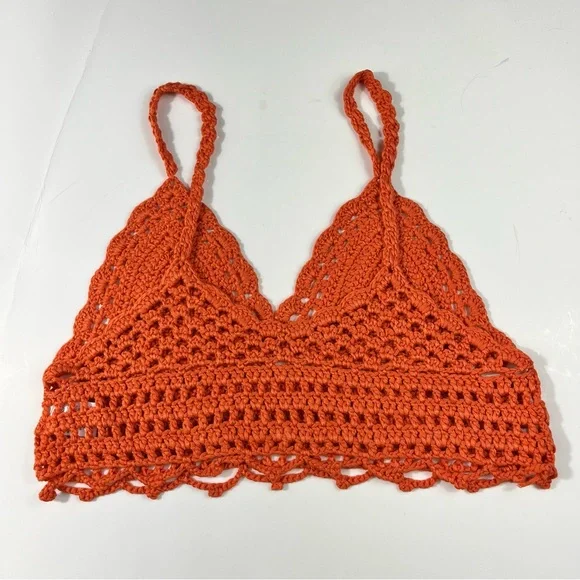 Shein Orange Crochet Shell Knitted Knit Cropped Boho Bohemian Tank Top Small S - Picture 5 of 6